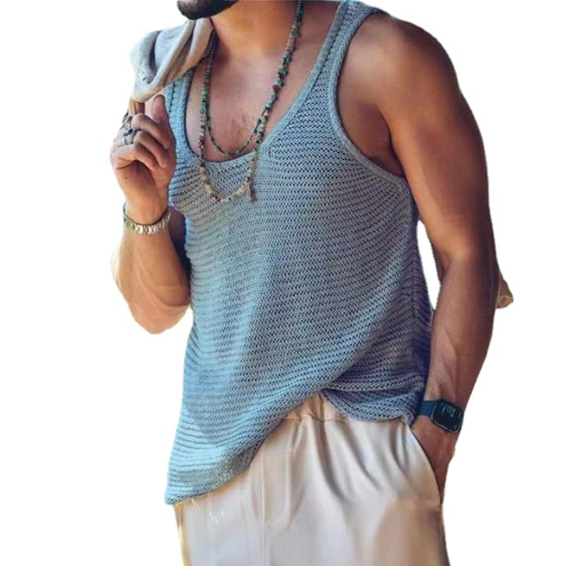 Men's Solid Color Breathable Knit Vest，Lightweight Summer Sleeveless Top For Casual Streetwear
