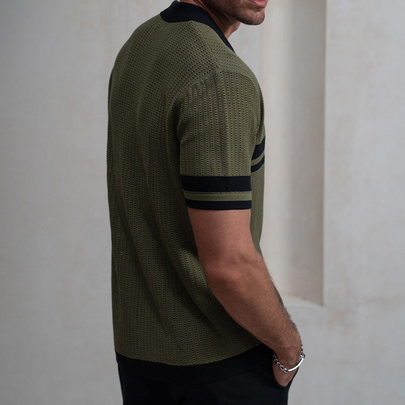 Men's Knitted Short-Sleeve Blended Color Shirt With Turn-Down Collar