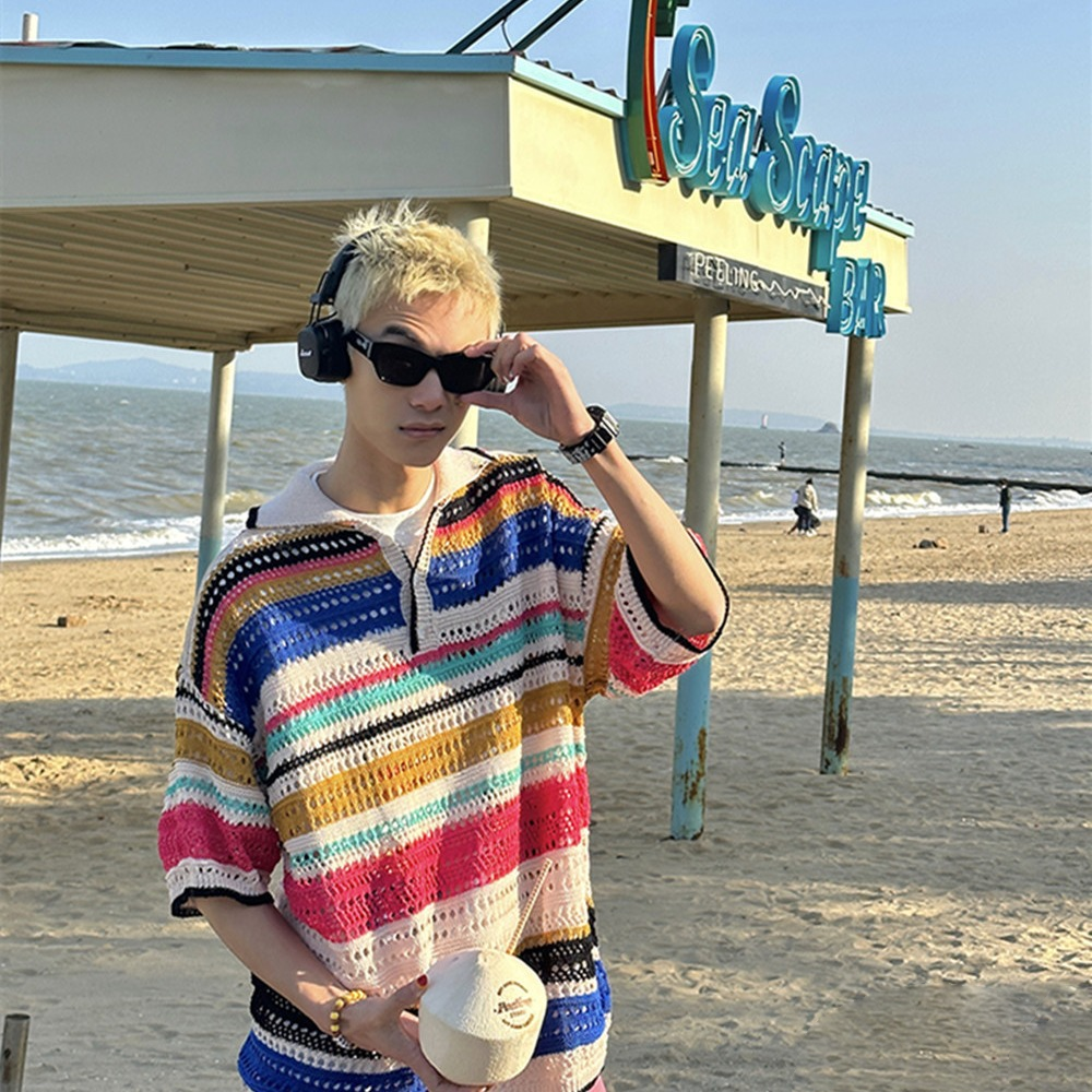 Men's Summer Vintage Striped Cutout Polo Shirt