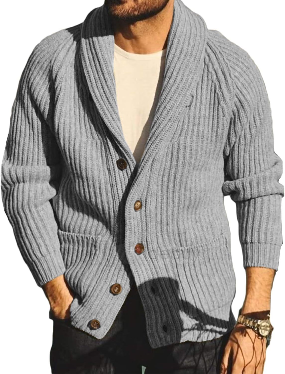 Mens Shawl Collar Cardigan Sweaters Button Down Open Front Knitwear