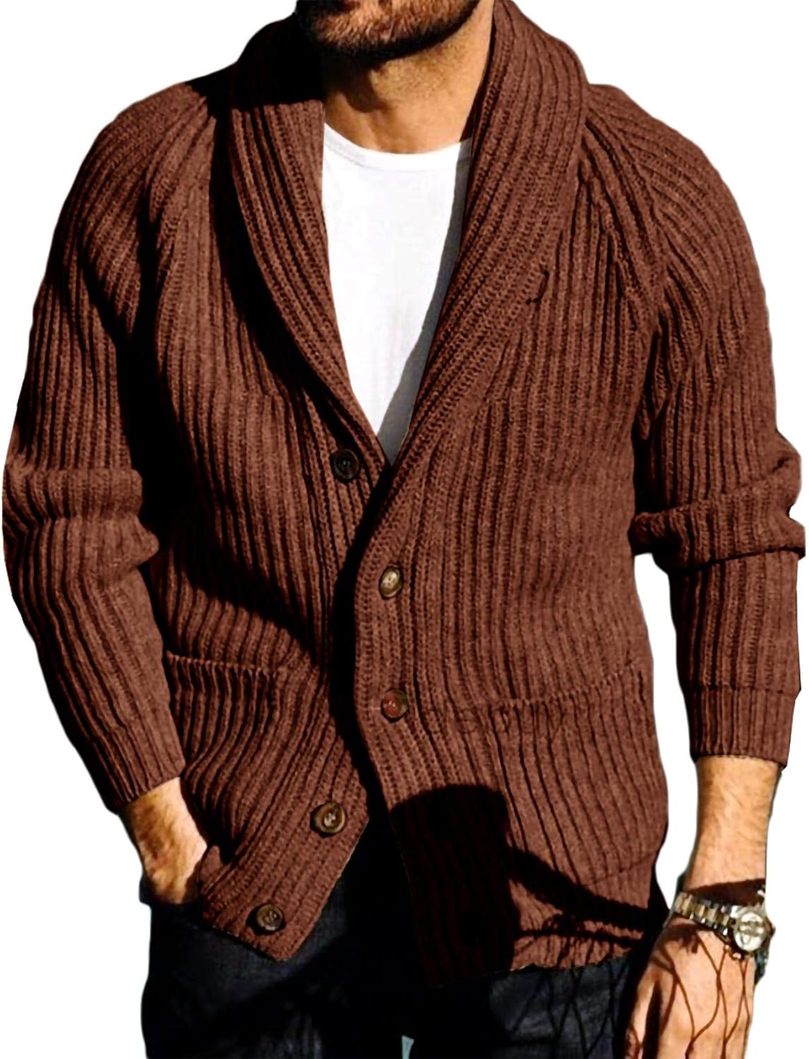 Mens Shawl Collar Cardigan Sweaters Button Down Open Front Knitwear