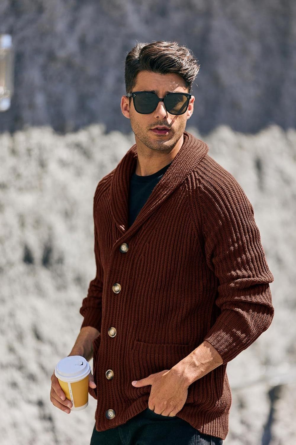 Mens Shawl Collar Cardigan Sweaters Button Down Open Front Knitwear