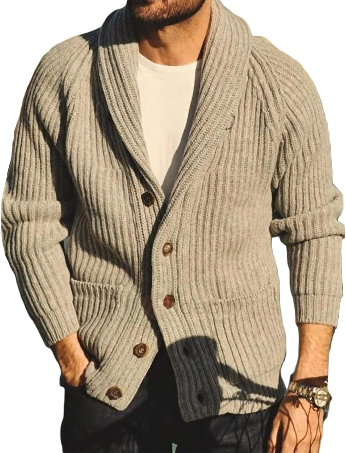 Mens Shawl Collar Cardigan Sweaters Button Down Open Front Knitwear