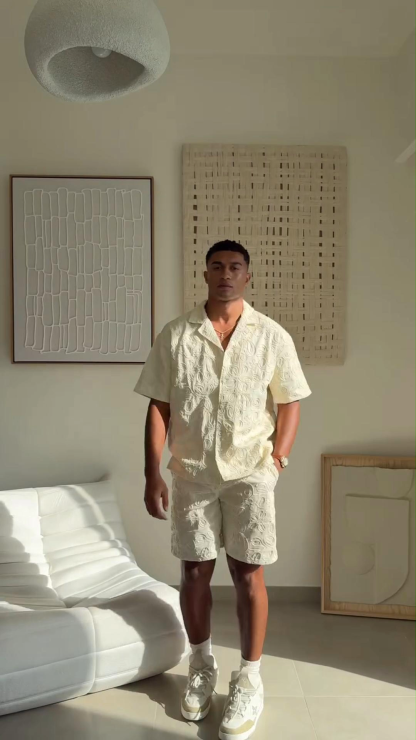 Summer Jacquard Design Short-Sleeved Shirt Shorts Fashionable All-Match Two-Piece Suit