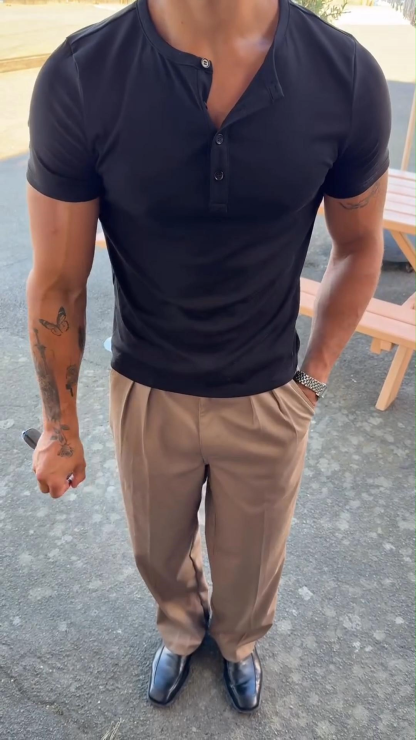 Men's Summer Casual Henley Shirt Men's Solid Color Slim Fit Casual Round Neck Short Sleeve