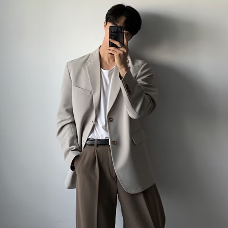 Men's Casual Blazer Jacket, Trendy Black Slim-Fit Suit Coat, Loose-Fit Autumn Fashion Single Breasted Outerwear