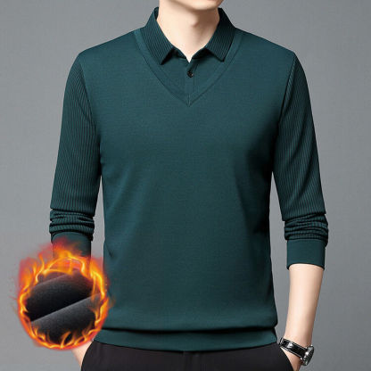Men's Fleece Lined Faux Two-Piece Striped Polo Shirt – Thickened Knit Long Sleeve for Fall/Winter, Trendy and Warm, Perfect for Casual or Semi-Formal Wear