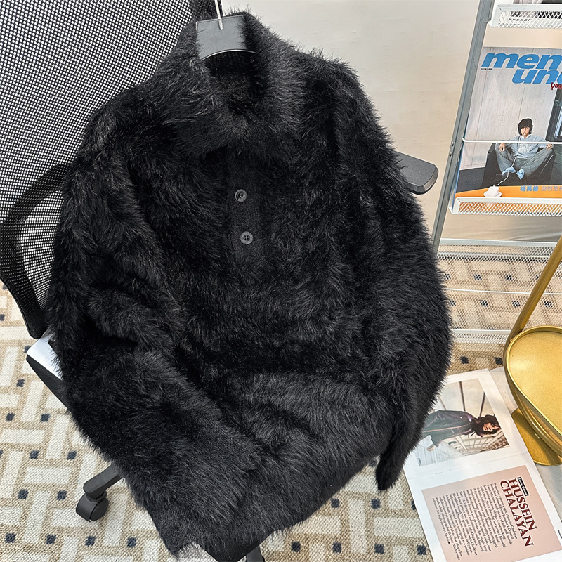 Men's Plush Knit Polo Sweater, Long Sleeve Soft Relaxed Fit Fuzzy Mock Neck Pullover, Fall Winter Casual Thermal Sweater