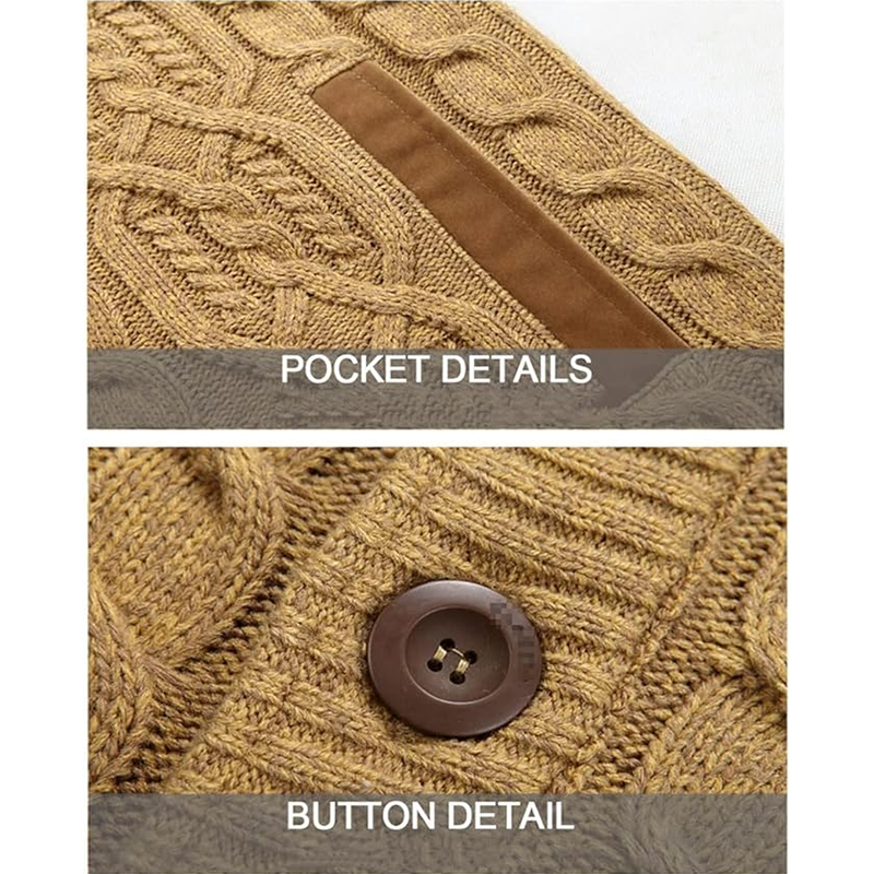 Men's Winter Warm Thick Cotton Plush Sweater Jacket, Thick & Plush Cable Knit Pullover with Stand Collar, Single Breasted Cardigan Casual Sweater Knitwear