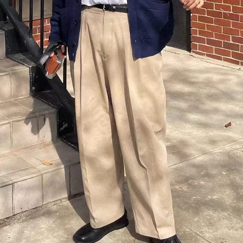 New Men's Wide Leg Trousers, Relaxed Fit Dress Pants with Double Pleat And Hidden Button, Business Casual Office Pants