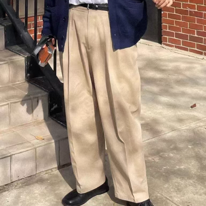 New Men's Wide Leg Trousers, Relaxed Fit Dress Pants with Double Pleat And Hidden Button, Business Casual Office Pants