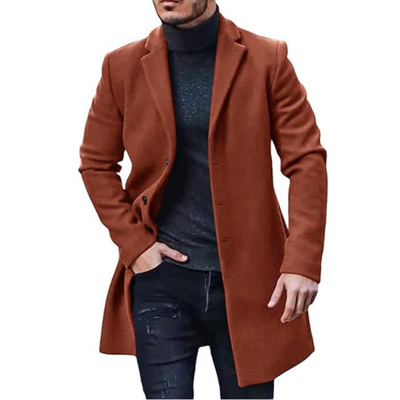 Men's Wool-Like Overcoat, Single-Breasted Knee-Length Overcoat for Business Casual, Classic Notch Lapel Long Coat for Men