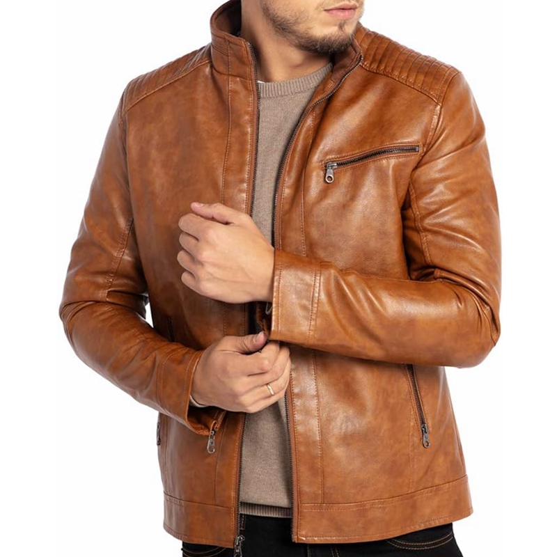 Men's Stand Collar Leather Jacket Motorcycle Lightweight Faux Leather Outwear