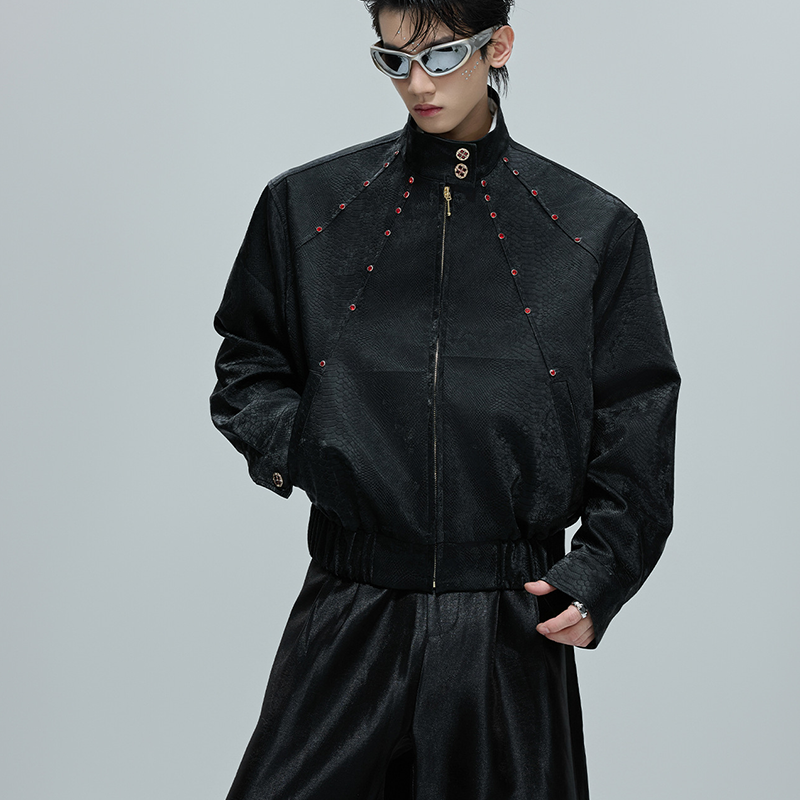 New Men's Python Texture Leather Jacket, Red Gem Studded Stand Collar Punk Coat