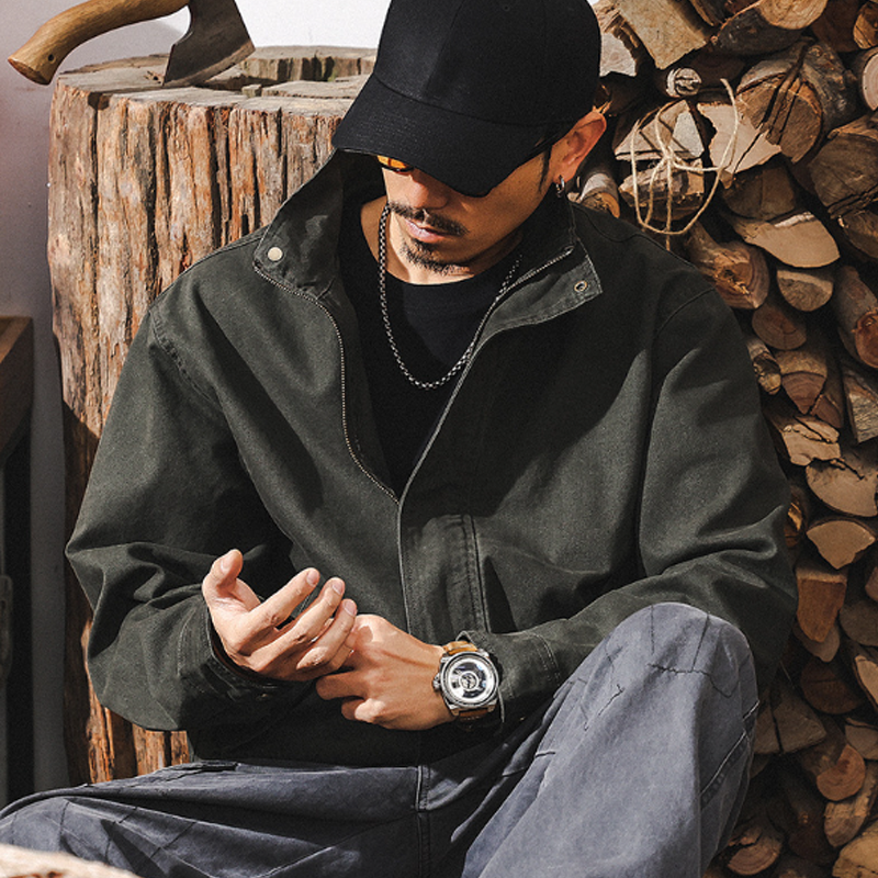 Men's Vintage Casual Cotton Workwear Jacket, Military Green & Purple Bomber Jacket, Amekaji Style Short Casual Coat