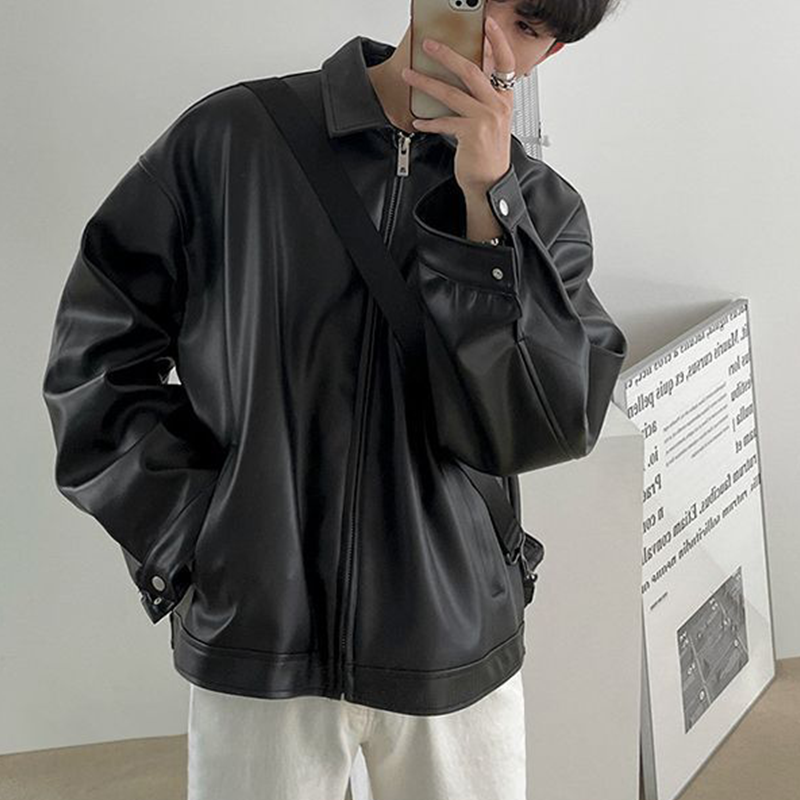 Classic Black Leather Jacket For Men, Casual Baseball Bomber Jacket, Versatile Motorcycle Style Jacket For Everyday Wear