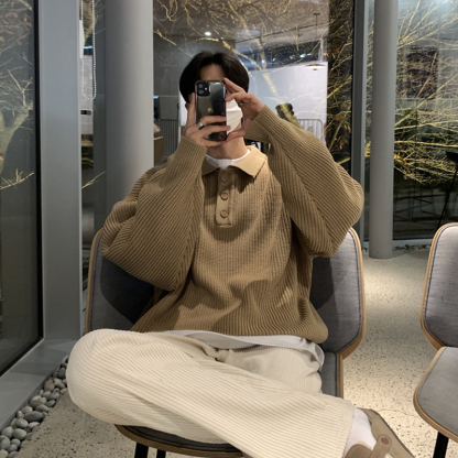 Winter Men's Polo Neck Knit Sweater, Ultra-Soft Polo Sweater, Business Casual Knit, Spandex Stretch Comfort Pullover