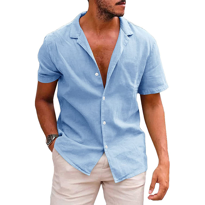 Men's Linen Cotton Short Sleeve Camp Shirt, Breathable Vacation Style Open Collar Button Shirt, Summer Essential