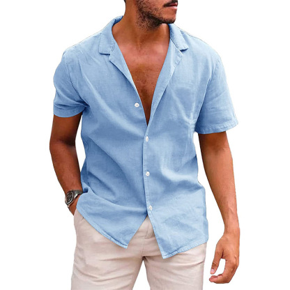Men's Linen Cotton Short Sleeve Camp Shirt, Breathable Vacation Style Open Collar Button Shirt, Summer Essential