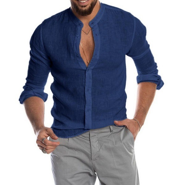 Men's New Arrival V-Neck Cotton Linen Cardigan-Style Stand Collar Long Sleeve Shirt