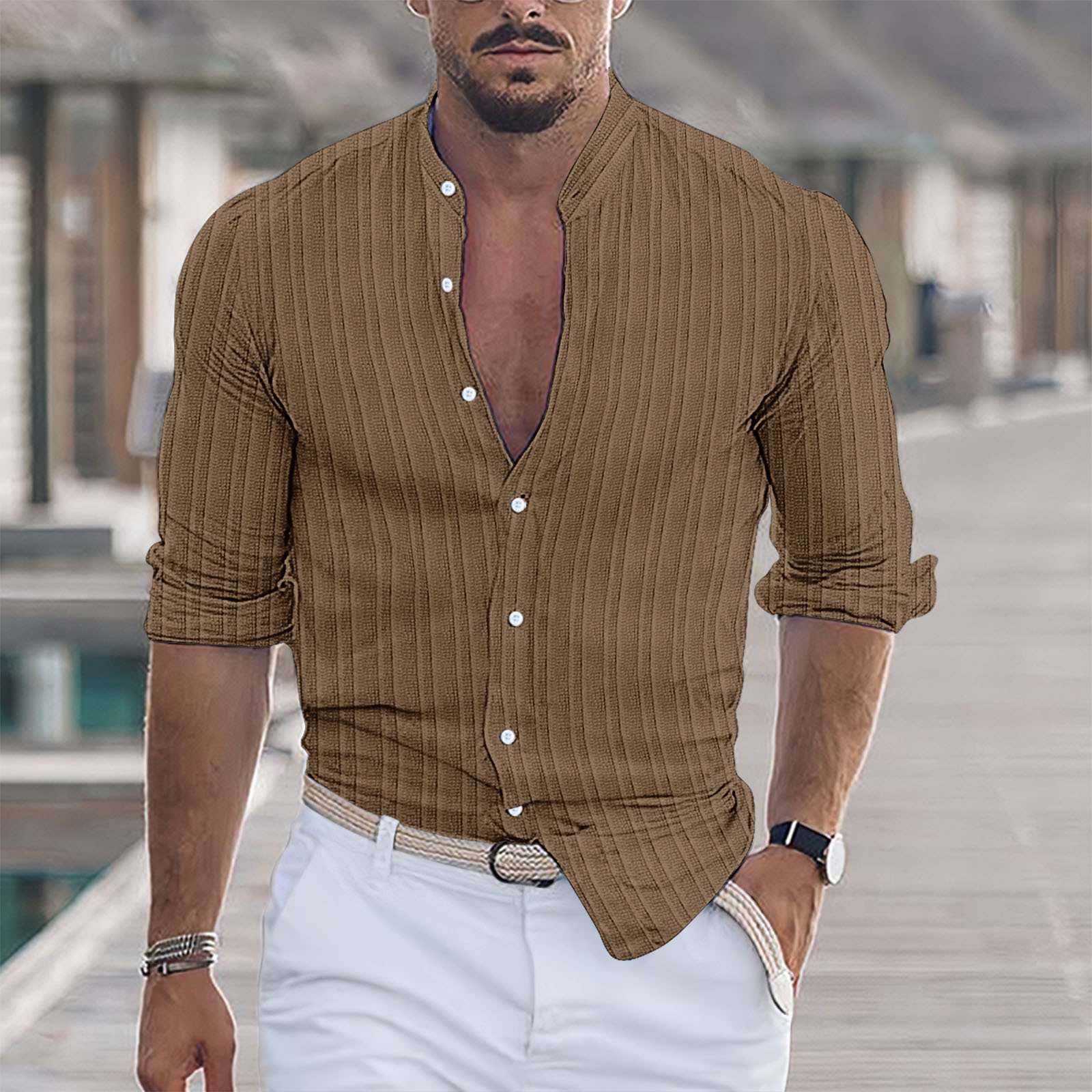 Men's Solid Color Striped Lapel Long Sleeve Shirt