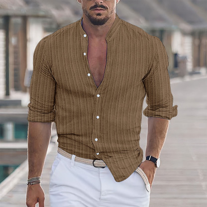 Men's Solid Color Striped Lapel Long Sleeve Shirt