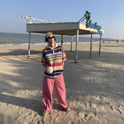 Men's Summer Vintage Striped Cutout Polo Shirt