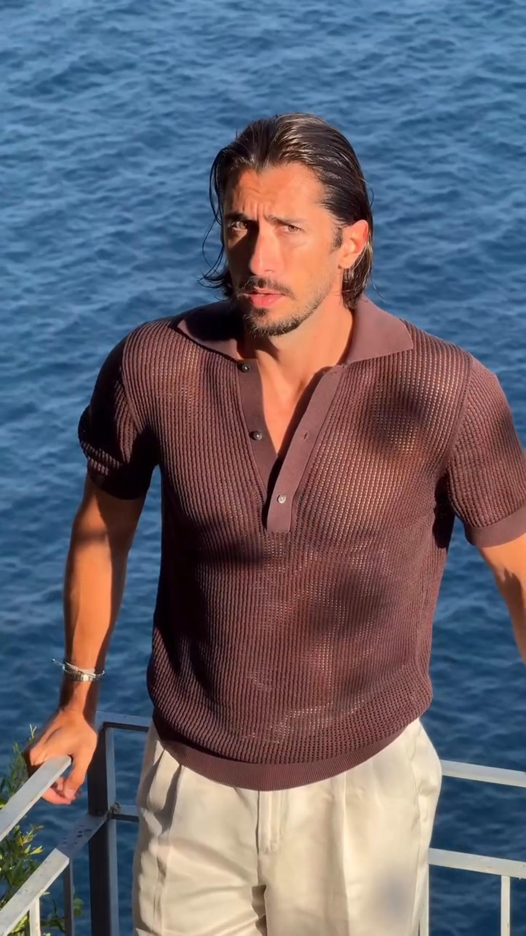 Men's Casual Loose Versatile Hollow Design Solid Color Short-Sleeved Polo Shirt