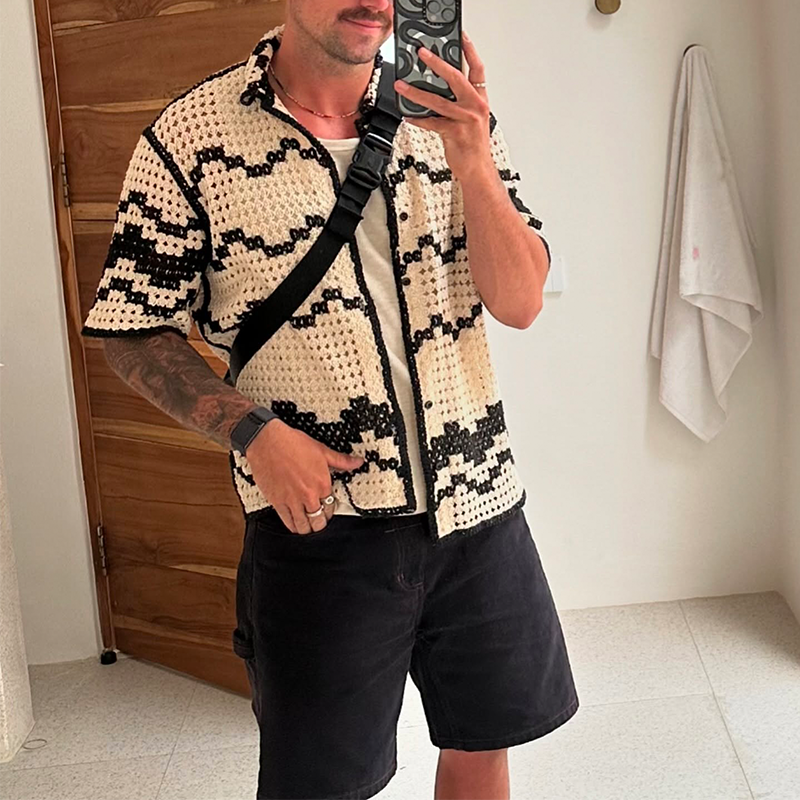 Men's Crochet Black & White Contrast Shirt, Bohemian Beach Shirt, Fashionable Y2K Hollow Top