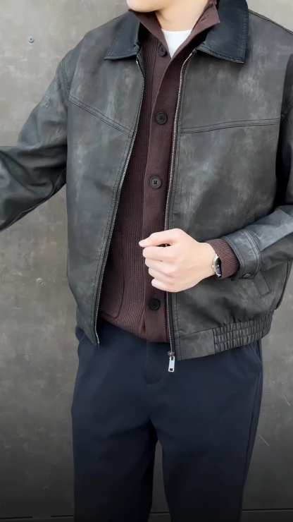 Men's Retro American Style PU Leather Jacket – Trendy Casual Flight Bomber Jacket for Spring & Fall, Stylish Short Biker Jacket