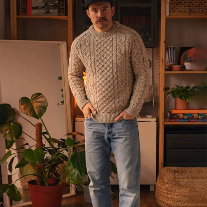 2025 Men's Retro Heavyweight Wool Blend Sweater, Classic Chunky Cable Knit, Aran Wool Sweater, Winter Crewneck Pullover