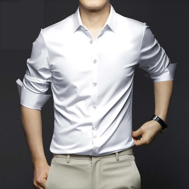 Men’s Wrinkle-Free Dress Shirt High-End Business Long Sleeve Ice Silk Shirt for Spring and Fall