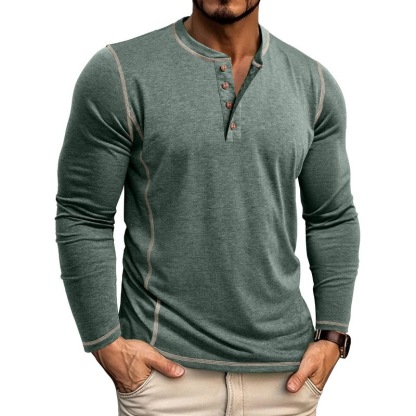 Vintage American Style Classic 4-Button Long Sleeve Henley Shirt Sustainable Long Henley Oversized American Vintage Top