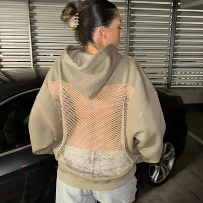 New Fall Casual Hoodie, Unisex Oversized Cutout Sweatshirt, Open Back Design, Streetwear Mesh Back Pullover