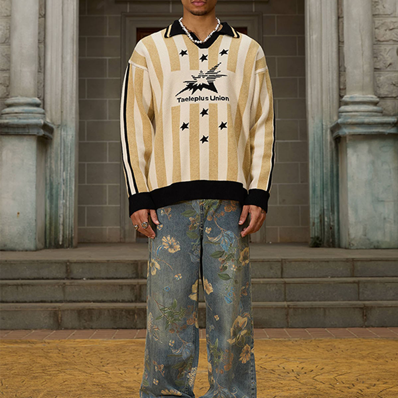 Men's Vintage All-Over Floral Print Washed Jeans, Casual Streetwear Wide Leg Denim Pants