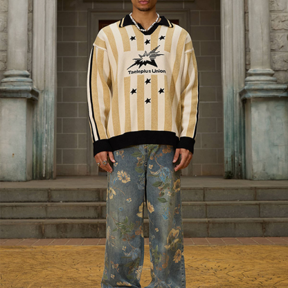 Men's Vintage All-Over Floral Print Washed Jeans, Casual Streetwear Wide Leg Denim Pants