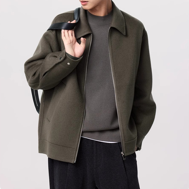 Men's Executive Wool Bomber, Zipper Front Notch Lapel Coat, Short Style Business Casual Winter Jacket