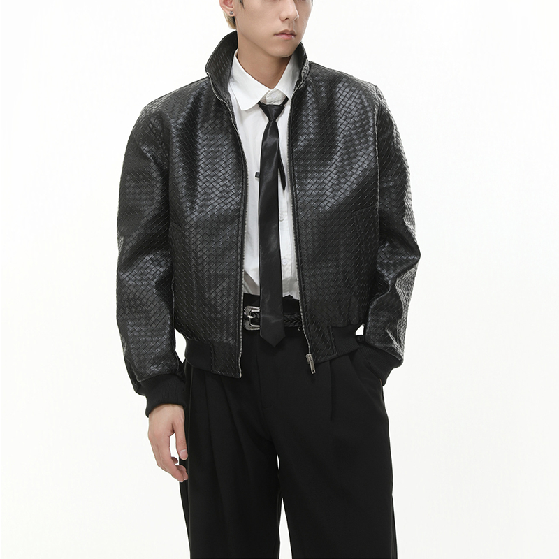 Men's Vintage Biker Short PU Leather Jacket, Unique Diamond Woven Texture Stand Collar Coat