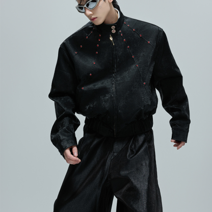 New Men's Python Texture Leather Jacket, Red Gem Studded Stand Collar Punk Coat