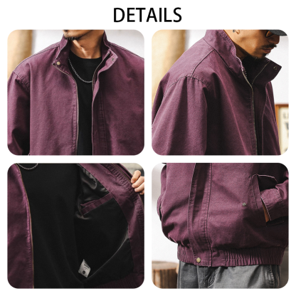 Men's Vintage Casual Cotton Workwear Jacket, Military Green & Purple Bomber Jacket, Amekaji Style Short Casual Coat
