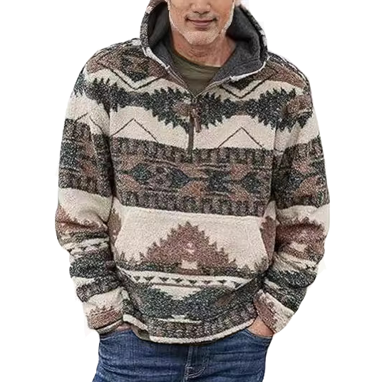 Men's Tribal Aztec Printed 1/4 Zip Fuzzy Sherpa Pullover Sweatshirt Hoodie