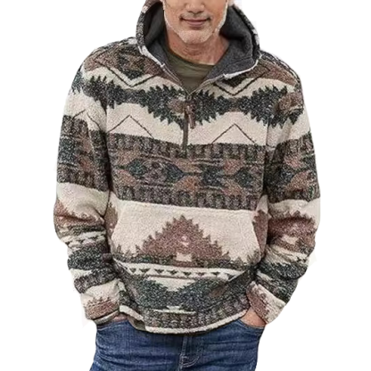 Men's Tribal Aztec Printed 1/4 Zip Fuzzy Sherpa Pullover Sweatshirt Hoodie