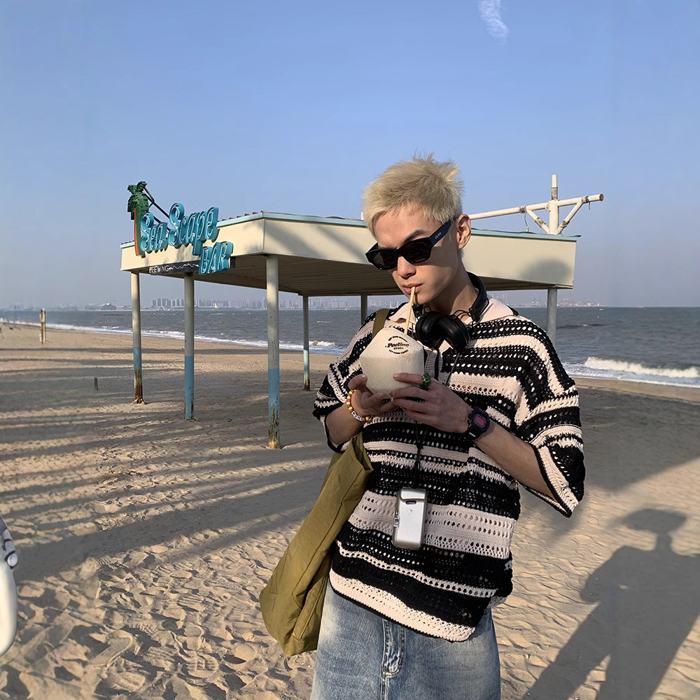 Men's Summer Vintage Striped Cutout Polo Shirt