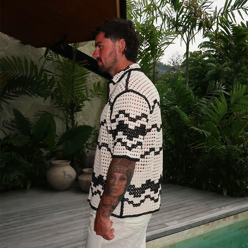 Men's Crochet Black & White Contrast Shirt, Bohemian Beach Shirt, Fashionable Y2K Hollow Top