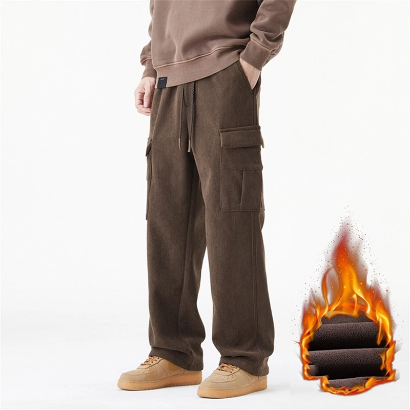 Men's Heavyweight Retro Corduroy Cargo Pants, Fall and Winter Warm Casual Men's Trousers, Fleece Lined, Winter Warm Wide Leg Relaxed Fit Workwear Trousers