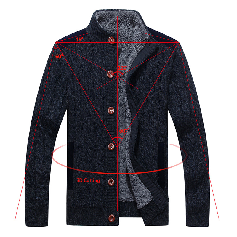 Men's Winter Warm Thick Cotton Plush Sweater Jacket, Thick & Plush Cable Knit Pullover with Stand Collar, Single Breasted Cardigan Casual Sweater Knitwear