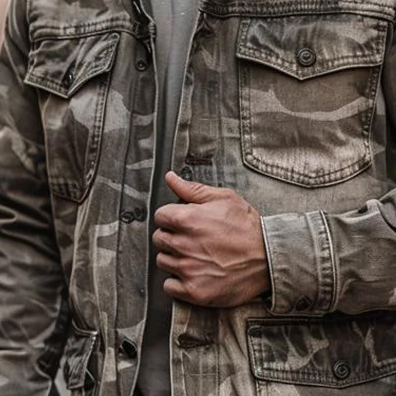 Men’s Casual Outdoor Washed Camouflage Multi-pocket Cargo Jacket 