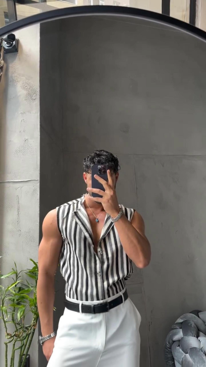 Men's Summer Black and Gray Striped Sleeveless Shirt