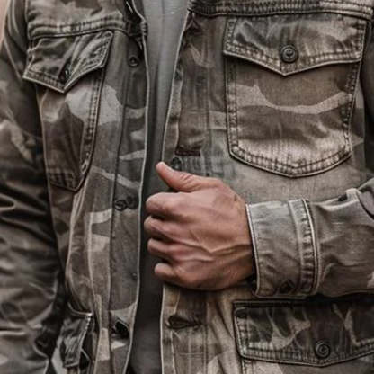 Men’s Casual Outdoor Washed Camouflage Multi-pocket Cargo Jacket 