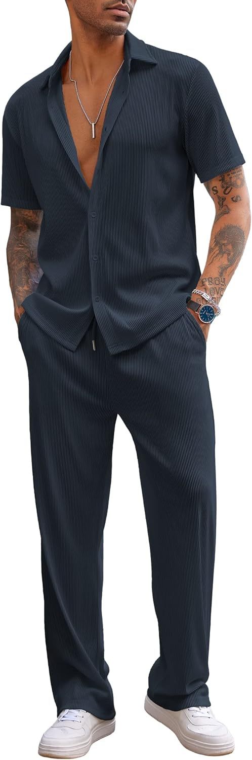 Men's 2 Piece Outfit Casual Short Sleeve Button Down Shirt Beach Summer Loose Pant Sets